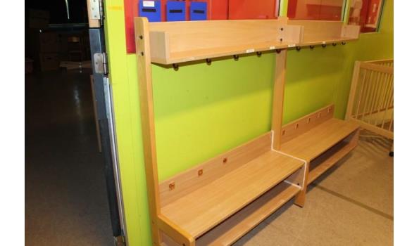 2 houten kinderkapstokken vv zitbank, afm plm 4x1,25m en 2x1,25m (zonder zijsteun)